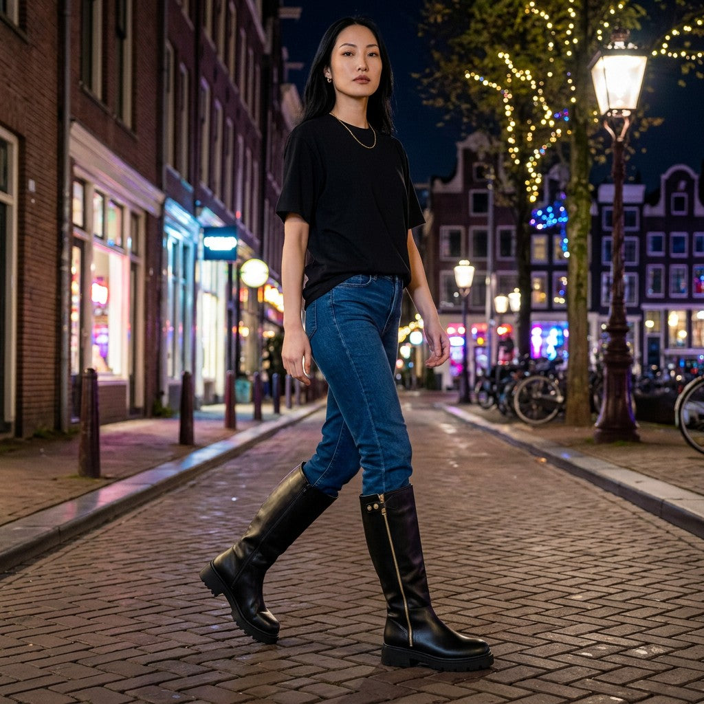 So and Ro - shoes and more - Tina zwarte laars met lederlook en metalen rits gedragen door vrouw in Amsterdam