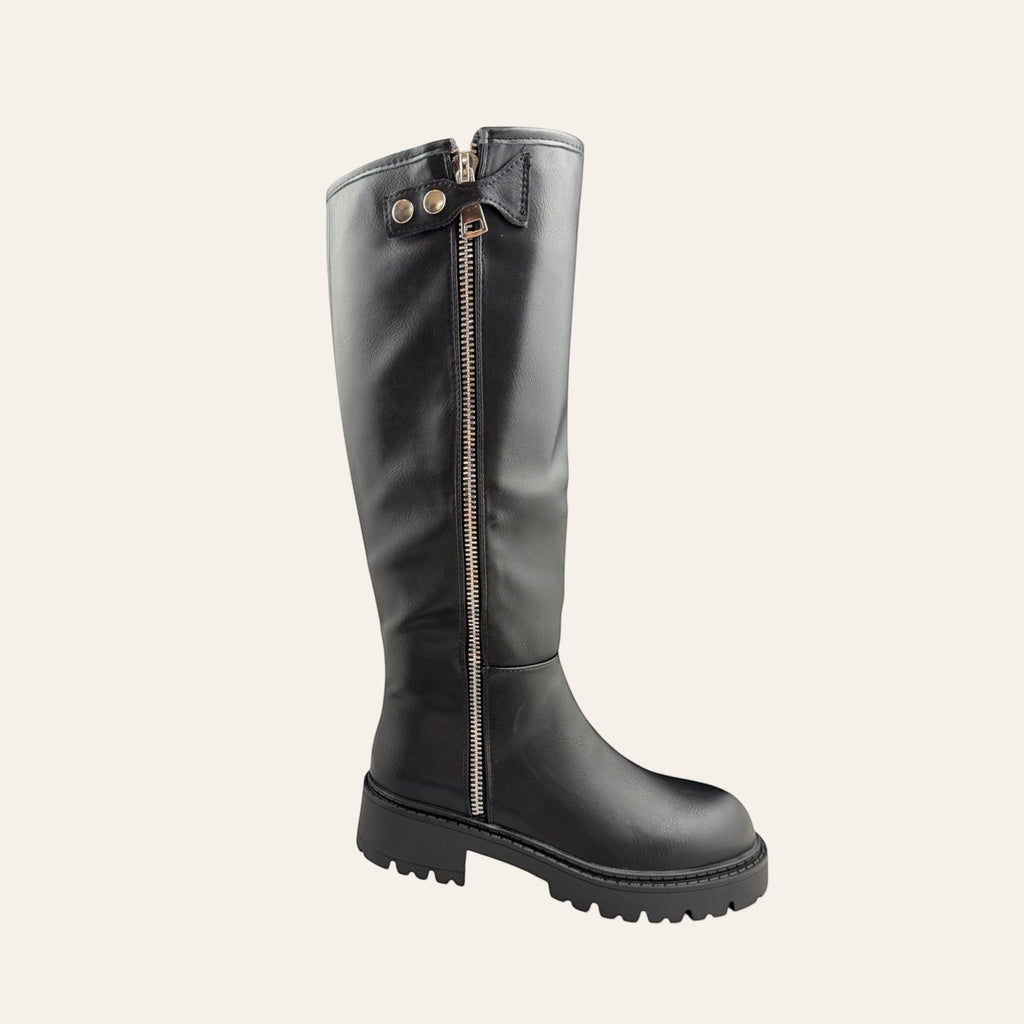 So and Ro - shoes and more - Tina zwarte laars met lederlook en opvallende zilverkleurige metalen rits aan de zijkant