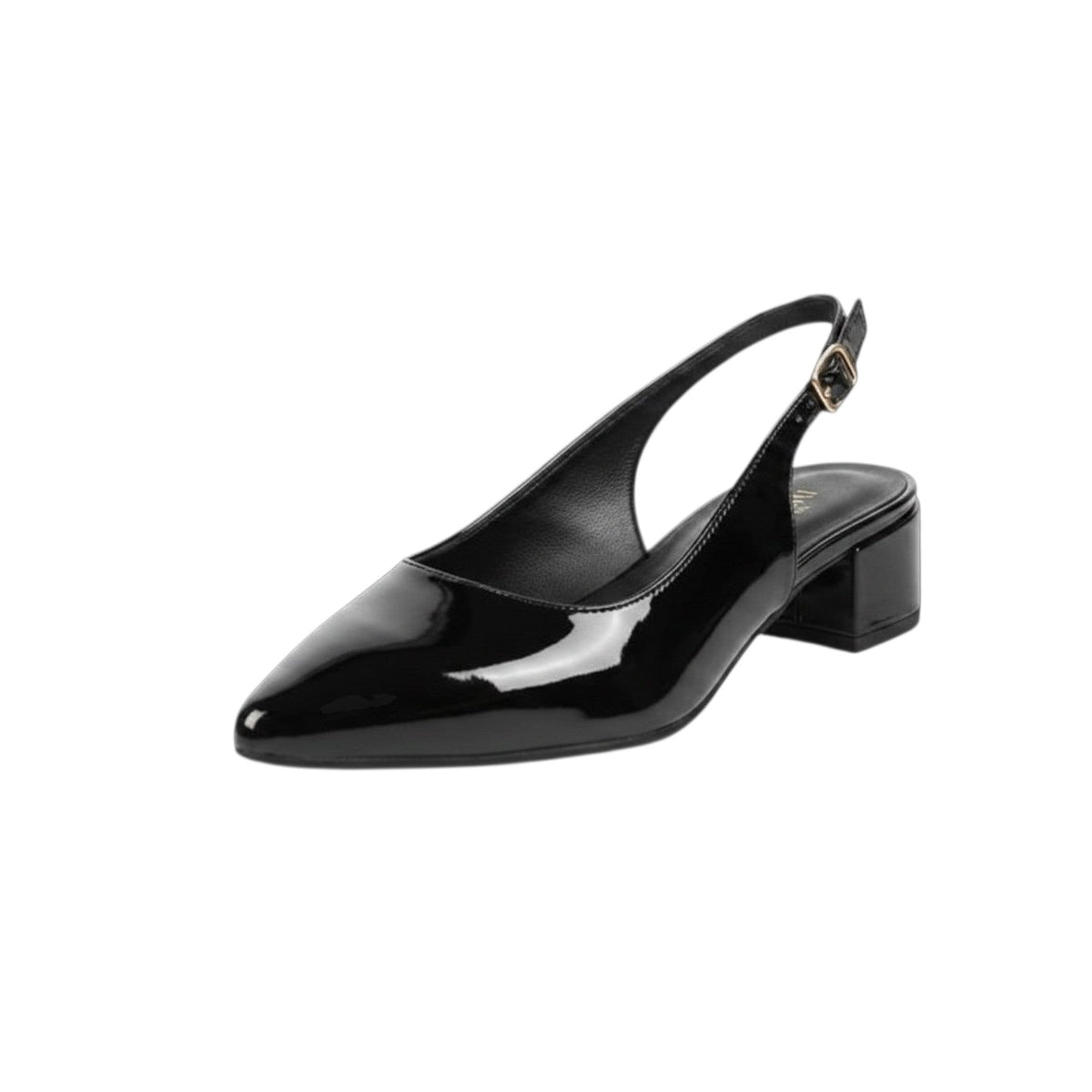 So and Ro - shoes and more - Beate zwarte slingback pump met spitse neus, lage blokhak en glanzende laklook afwerking