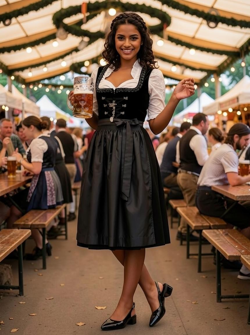 So and Ro - shoes and more - Beate zwarte laklook slingback pumps met lage blokhak gedragen onder een dirndl jurk