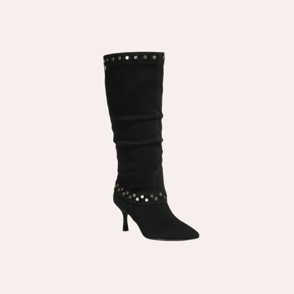 So and Ro - shoes and more - zwarte kniehoge microsuede laarzen met kitten heel en zilverkleurige studs