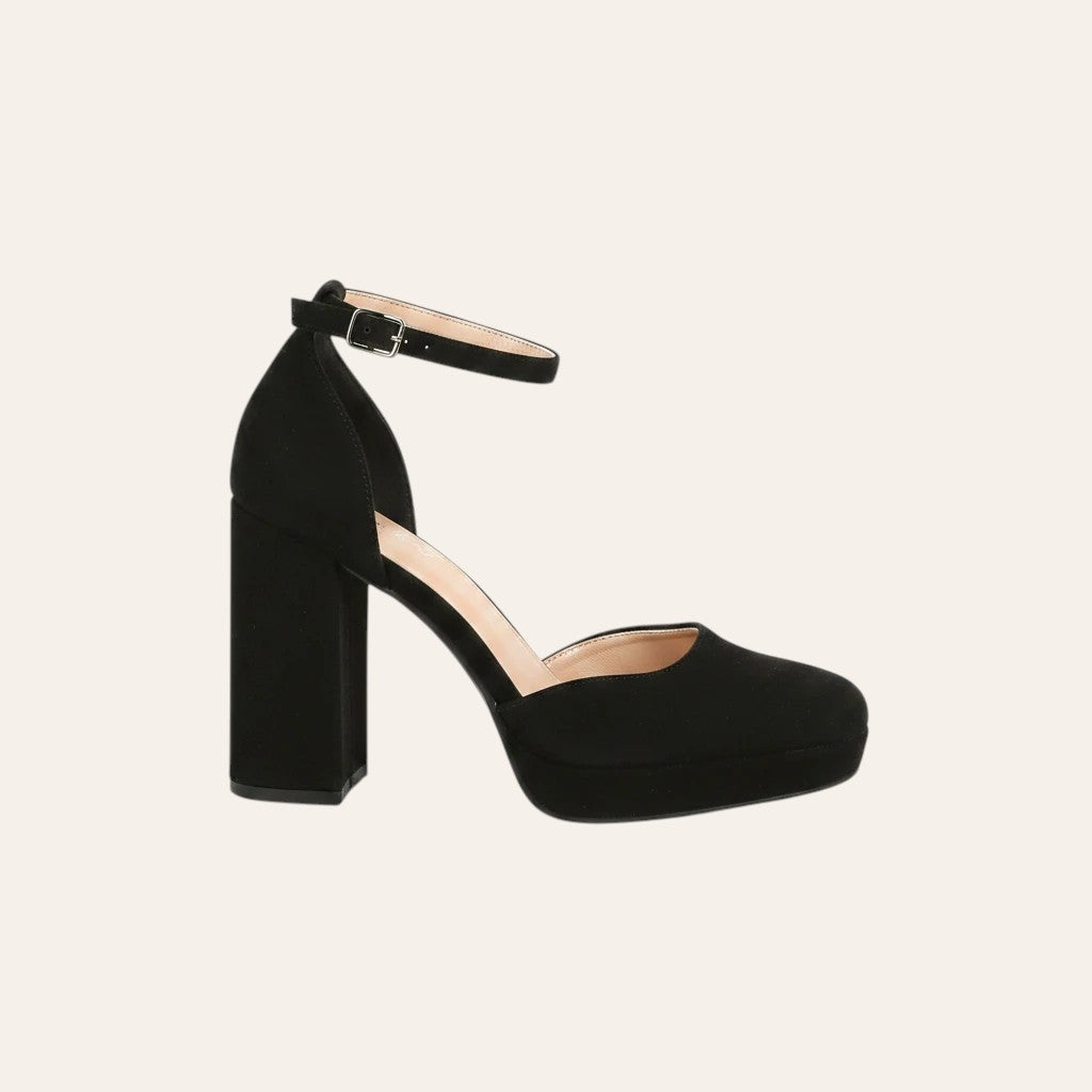 So and Ro - shoes and more - zwarte Mia plateaupump van microsuède met hoge blokhak en verstelbaar enkelbandje
