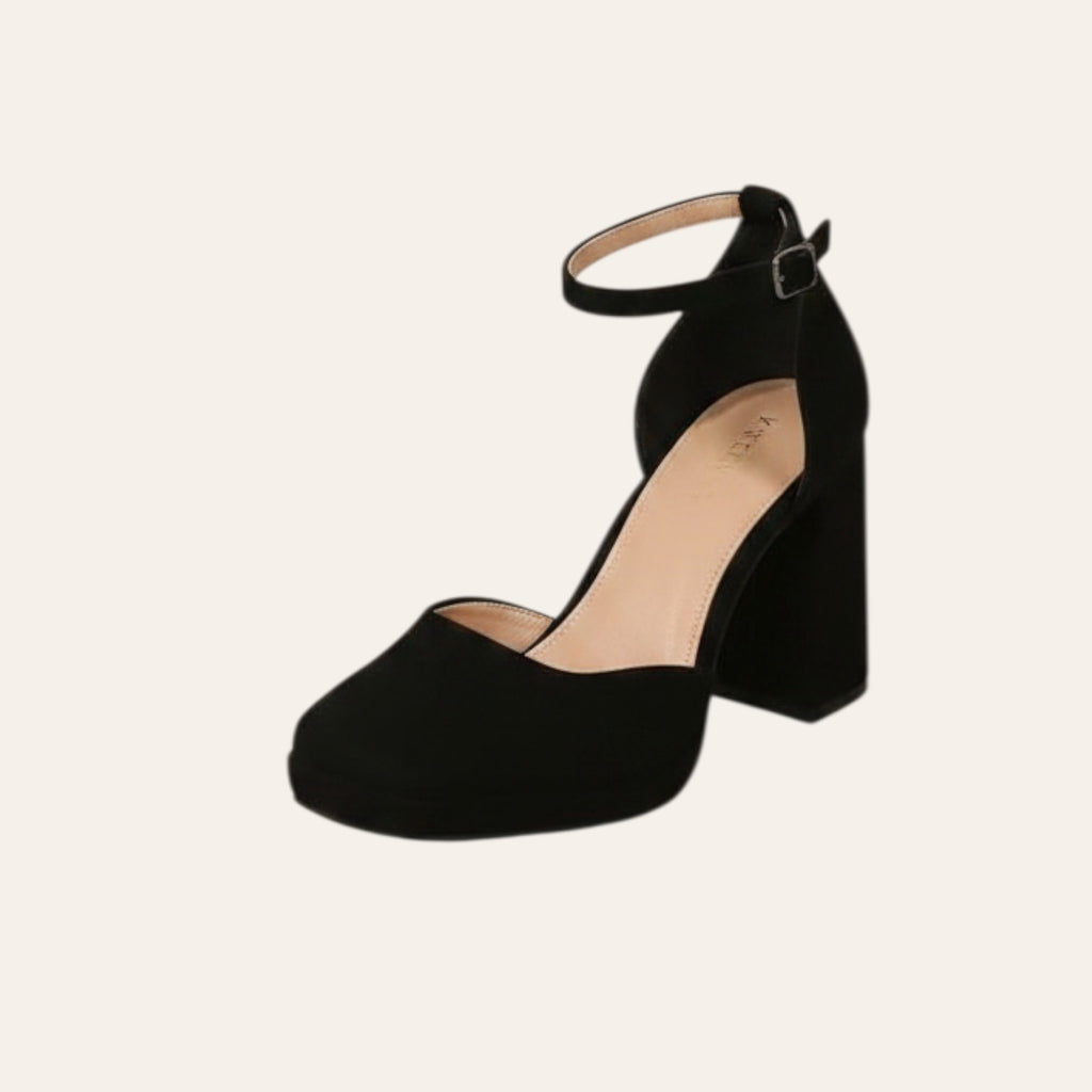 So and Ro - shoes and more - zwarte Mia plateaupump van microsuède met hoge blokhak en verstelbaar enkelbandje