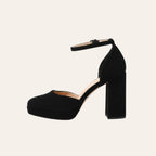 So and Ro - shoes and more - zwarte Mia plateaupump van microsuède met hoge blokhak en verstelbaar enkelbandje