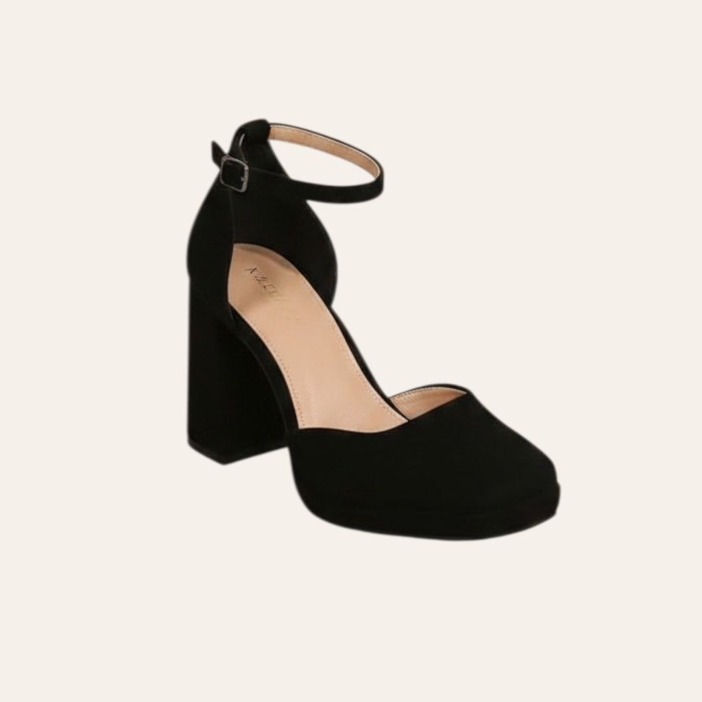 So and Ro - shoes and more - zwarte Mia plateaupump van microsuède met hoge blokhak en verstelbaar enkelbandje