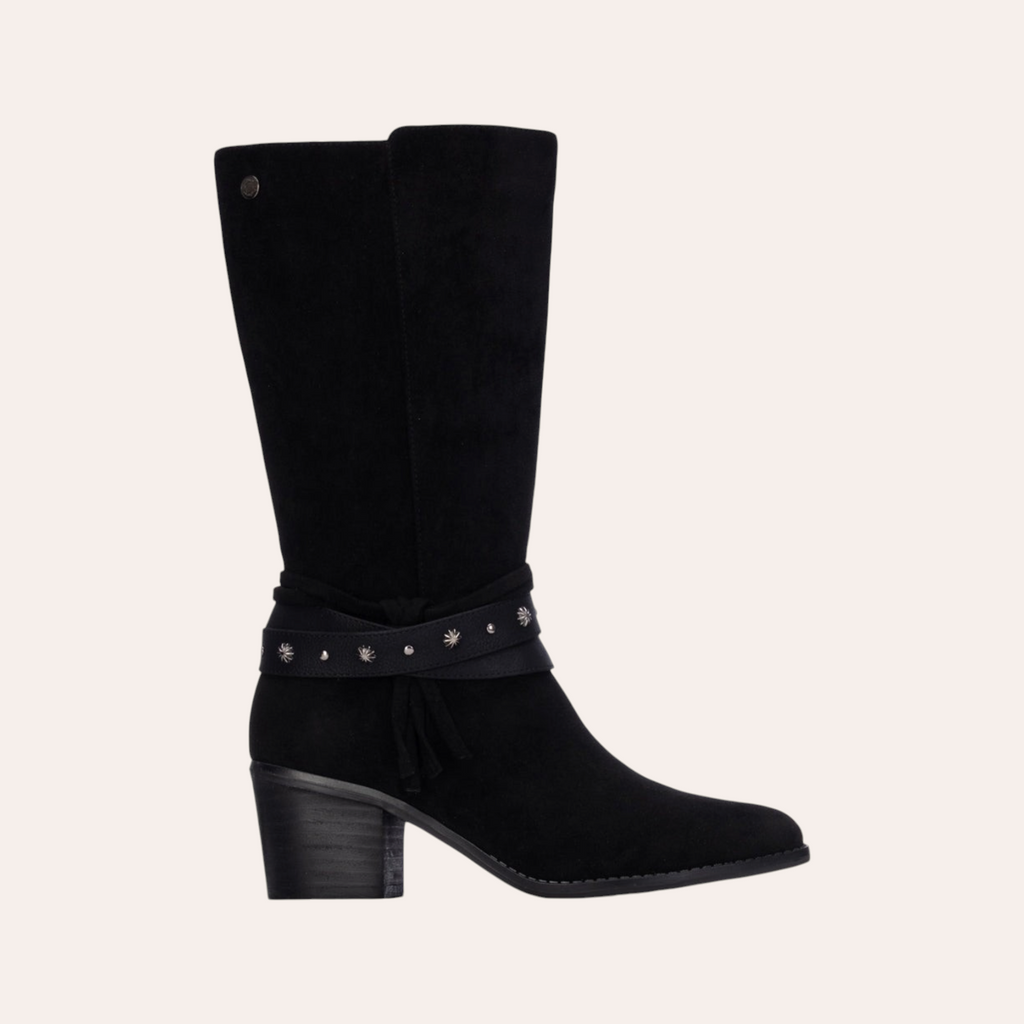 So and Ro - shoes and more - zwarte Refresh Steffi laarzen met suède look, blokhak en decoratieve riem met studs