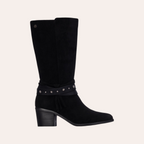 So and Ro - shoes and more - zwarte Refresh Steffi laarzen met suède look, blokhak en decoratieve riem met studs