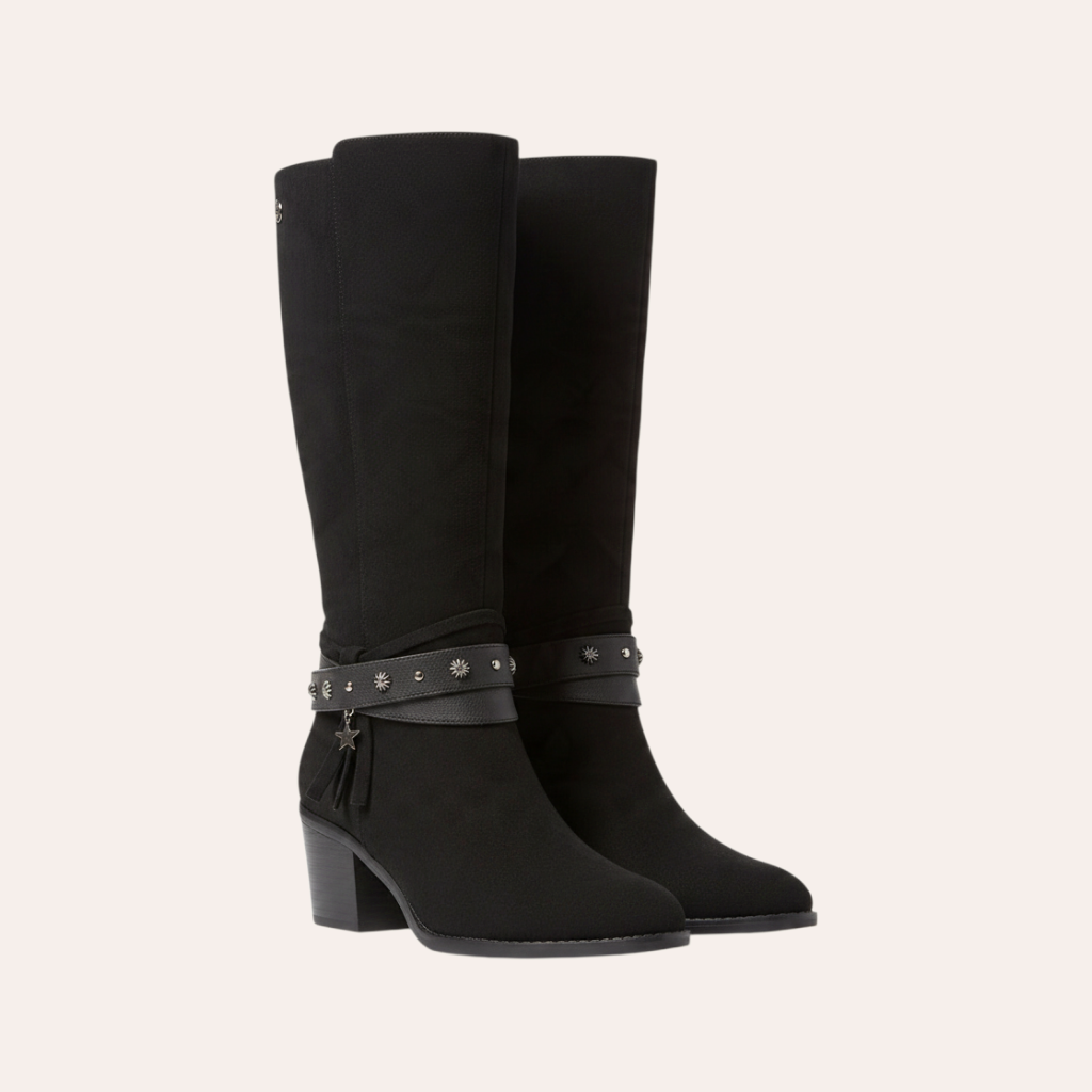 So and Ro - shoes and more - zwarte Refresh Steffi laarzen met blokhak, decoratieve band en sterrenbedels