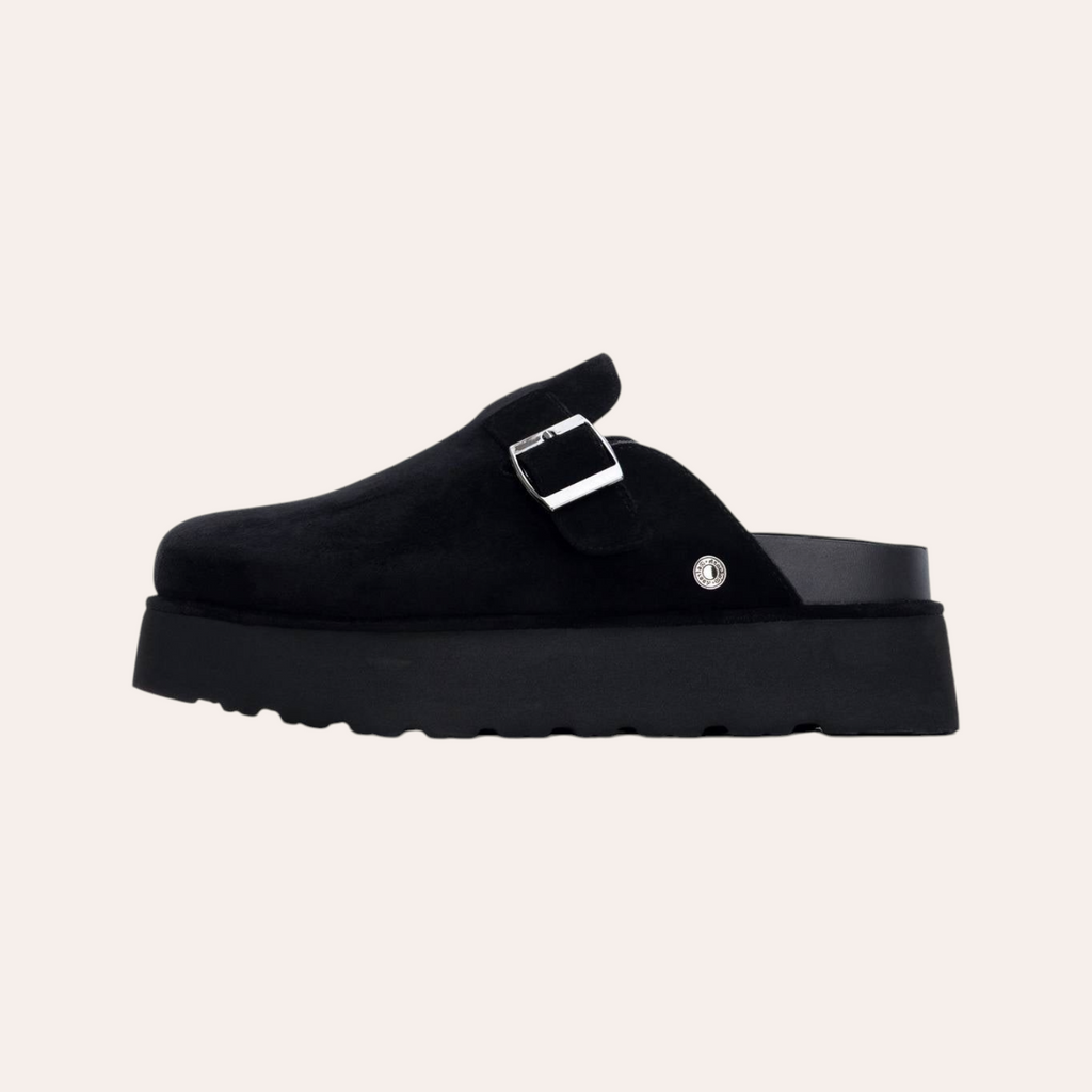 Zwarte REFRESH Sammie dames pantoffels van So and Ro - shoes and more met plateauzool en zilverkleurige gesp