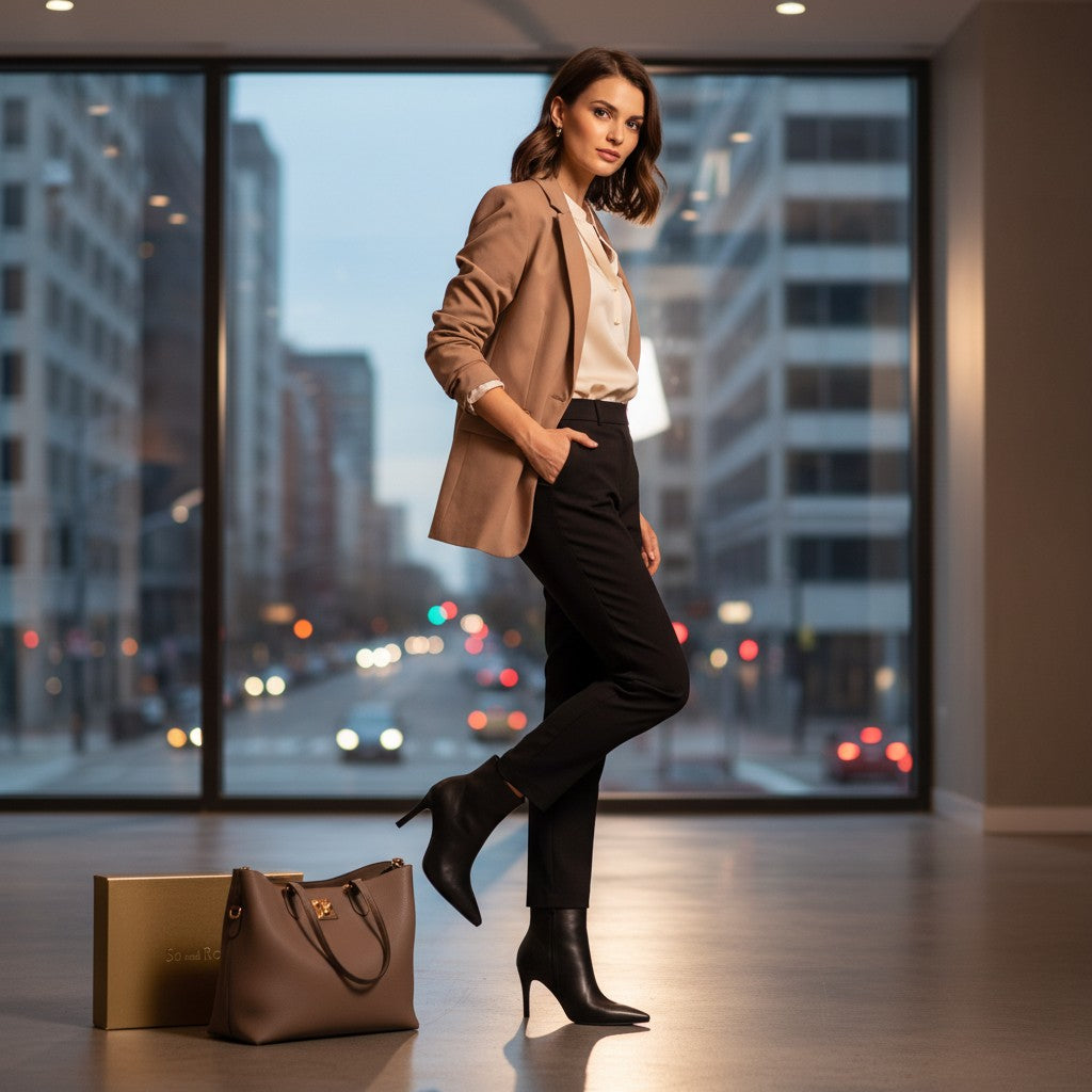 Vrouw draagt So and Ro - shoes and more - Casandra zwarte enkellaarsjes met stilettohak in een modern kantoor