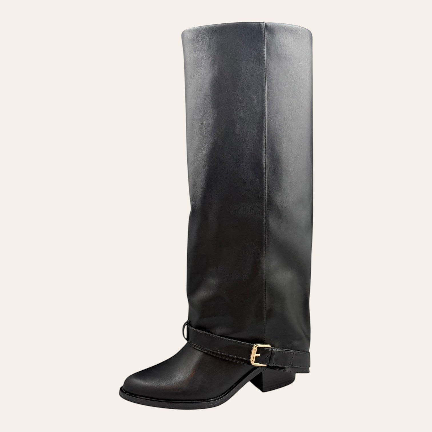 So and Ro - shoes and more - Toos zwarte hoge dameslaars in leder look met blokhak en gouden gesp