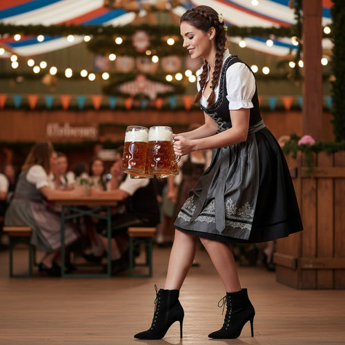 So and Ro - shoes and more - Alexandra zwarte microsuède veterlaarsjes met hoge hak gedragen bij een Dirndl outfit