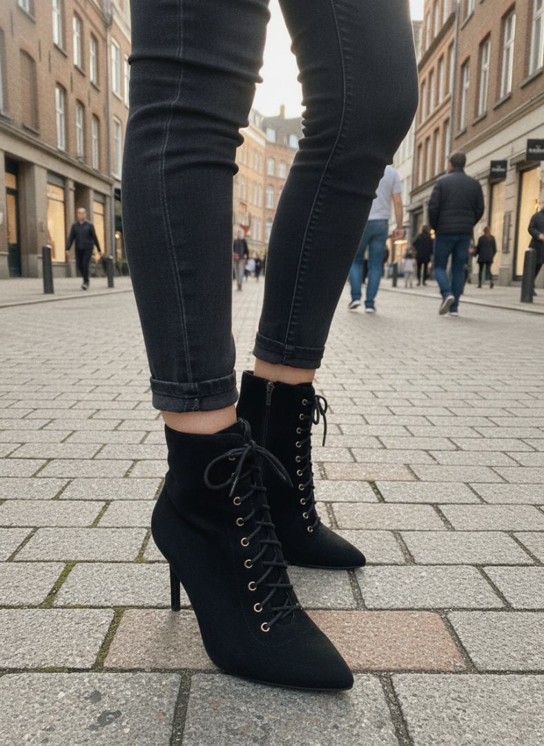 So and Ro - shoes and more - Alexandra zwarte veterlaarsjes van microsuède met hoge hak gedragen op straat