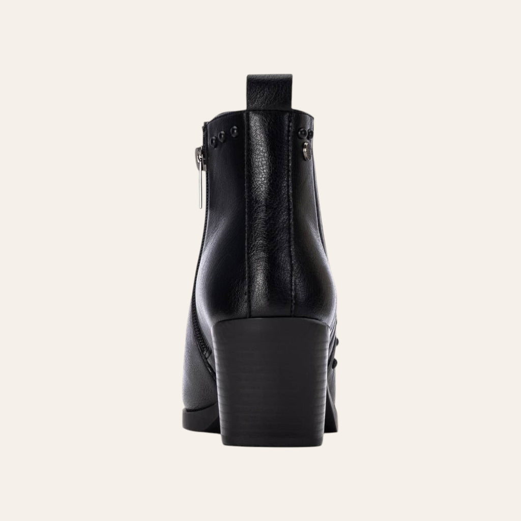 So and Ro - shoes and more - Xenia zwarte western enkellaarsjes van lederlook met blokhak, achterkant