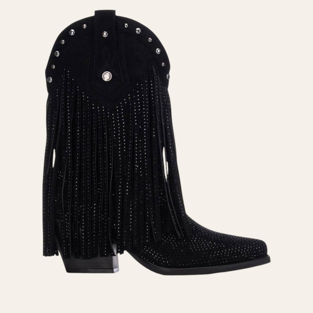 So and Ro - shoes and more - zwarte western enkellaars van microsuède met franjes, zilveren studs en glinsterende steentjes