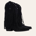 So and Ro - shoes and more - zwarte western enkellaars van microsuède met franjes, zilveren studs en steentjes.