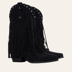 So and Ro - shoes and more - zwarte western enkellaars van microsuède met franjes, zilveren studs en steentjes.