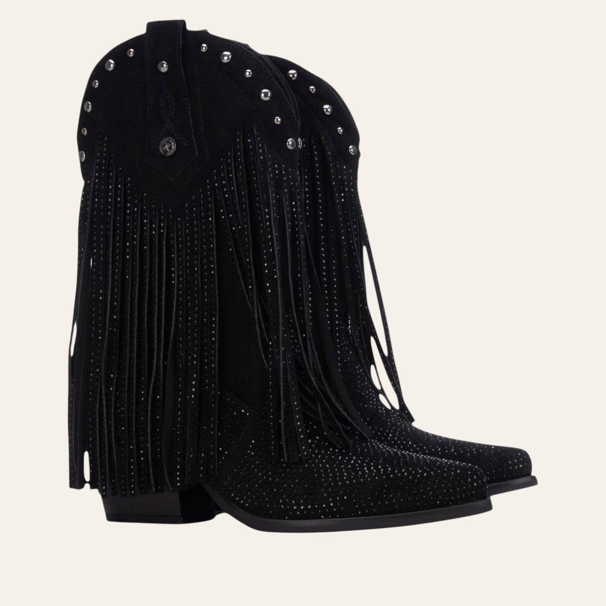 So and Ro - shoes and more - zwarte western enkellaars van microsuède met franjes, zilveren studs en steentjes.