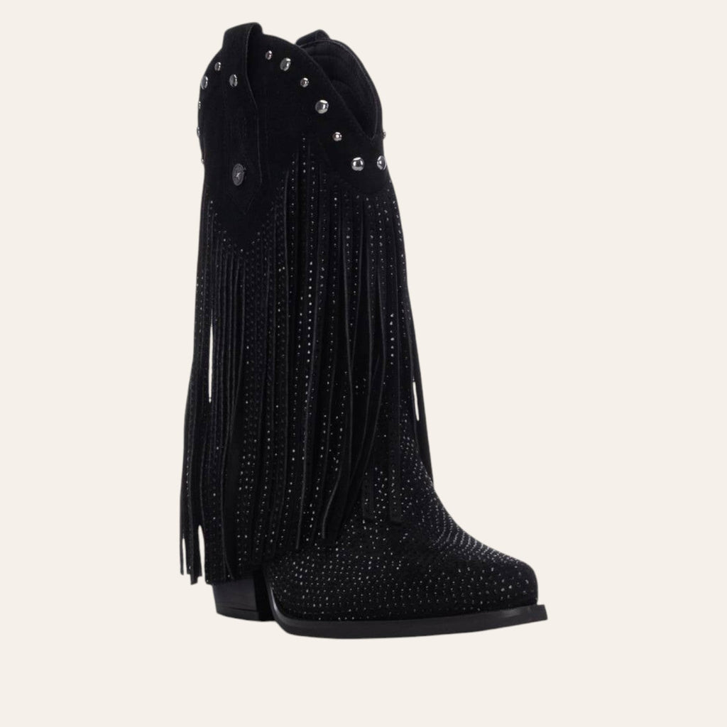 So and Ro - shoes and more - zwarte western enkellaars van microsuède met franjes, zilveren studs en steentjes