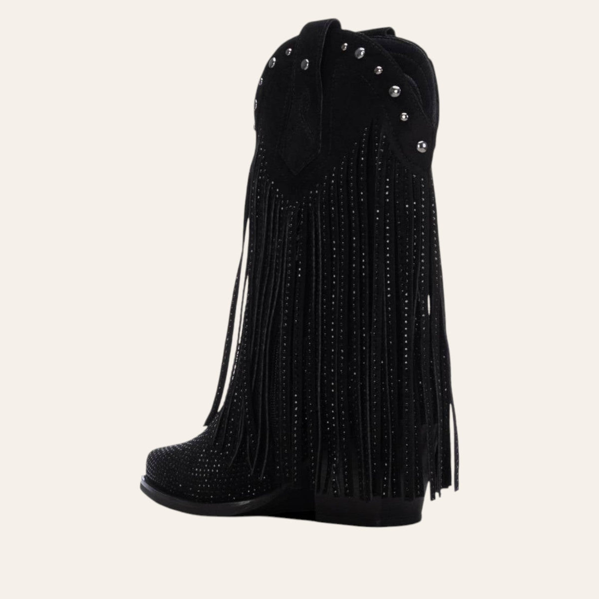 So and Ro - shoes and more - zwarte western enkellaars van microsuède met franjes, zilveren studs en steentjes