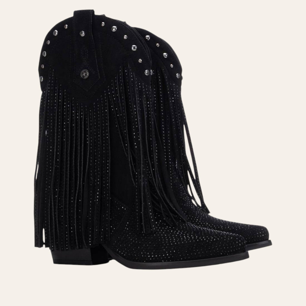 So and Ro - shoes and more - zwarte western enkellaars van microsuède met franjes, zilveren studs en steentjes