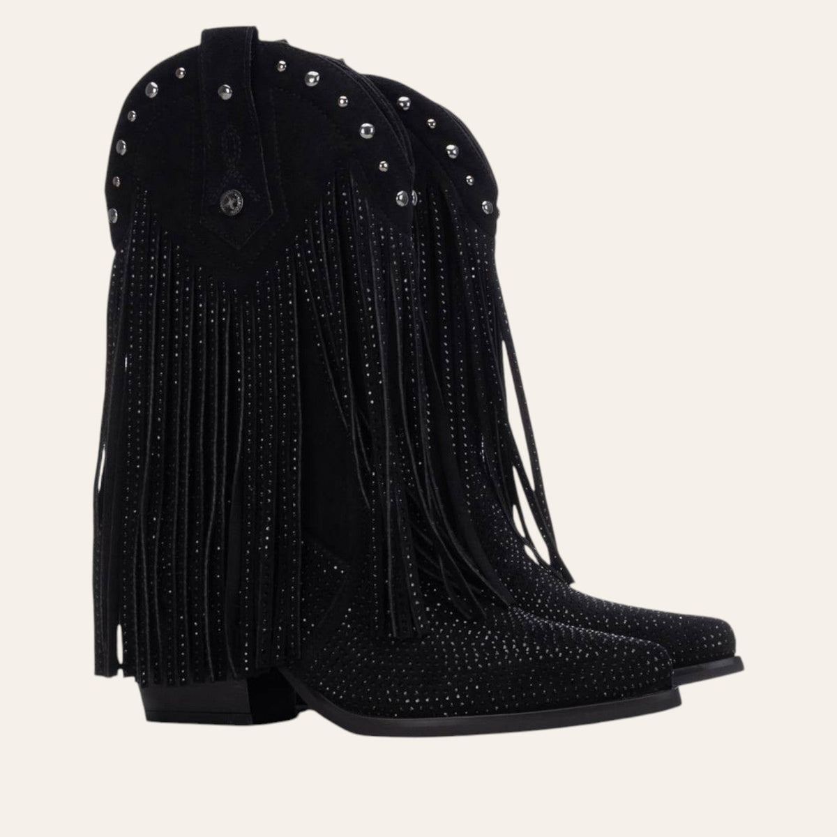 So and Ro - shoes and more - zwarte western enkellaars van microsuède met franjes, zilveren studs en steentjes