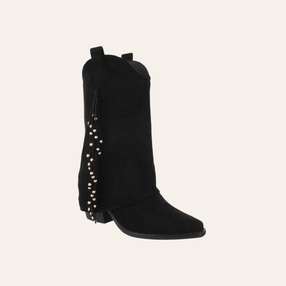 So and Ro - shoes and more - Charlot zwarte western laars van geperforeerd microsuède met franjes en gouden studs.