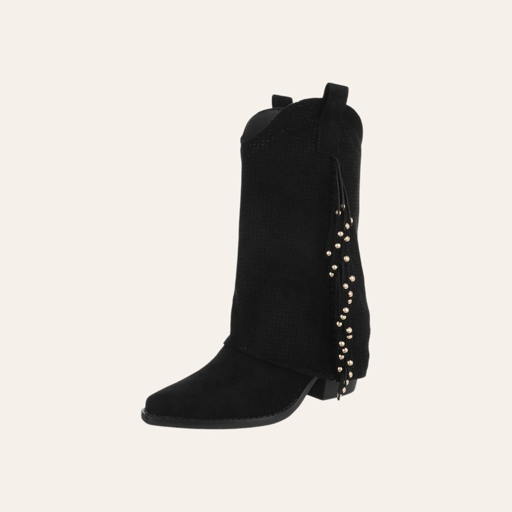 So and Ro - shoes and more - Charlot zwarte western laars van geperforeerd microsuède met franjes en gouden studs