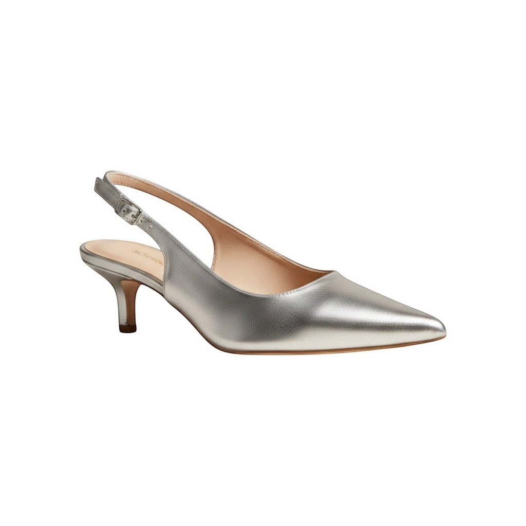 So and Ro silver metallic leather slingback kitten heel pointed toe pump with adjustable ankle strap.