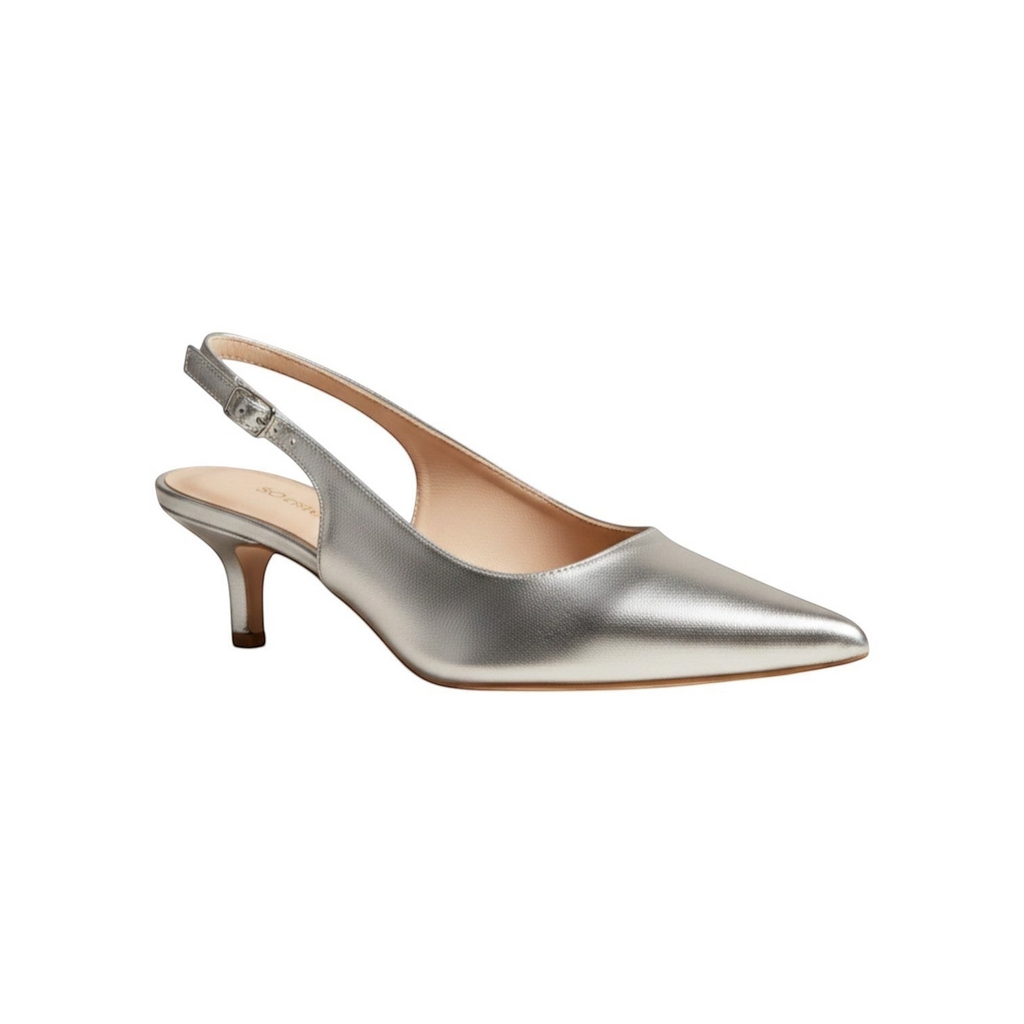 So and Ro silver metallic leather slingback kitten heel pump with pointed toe and adjustable ankle strap.