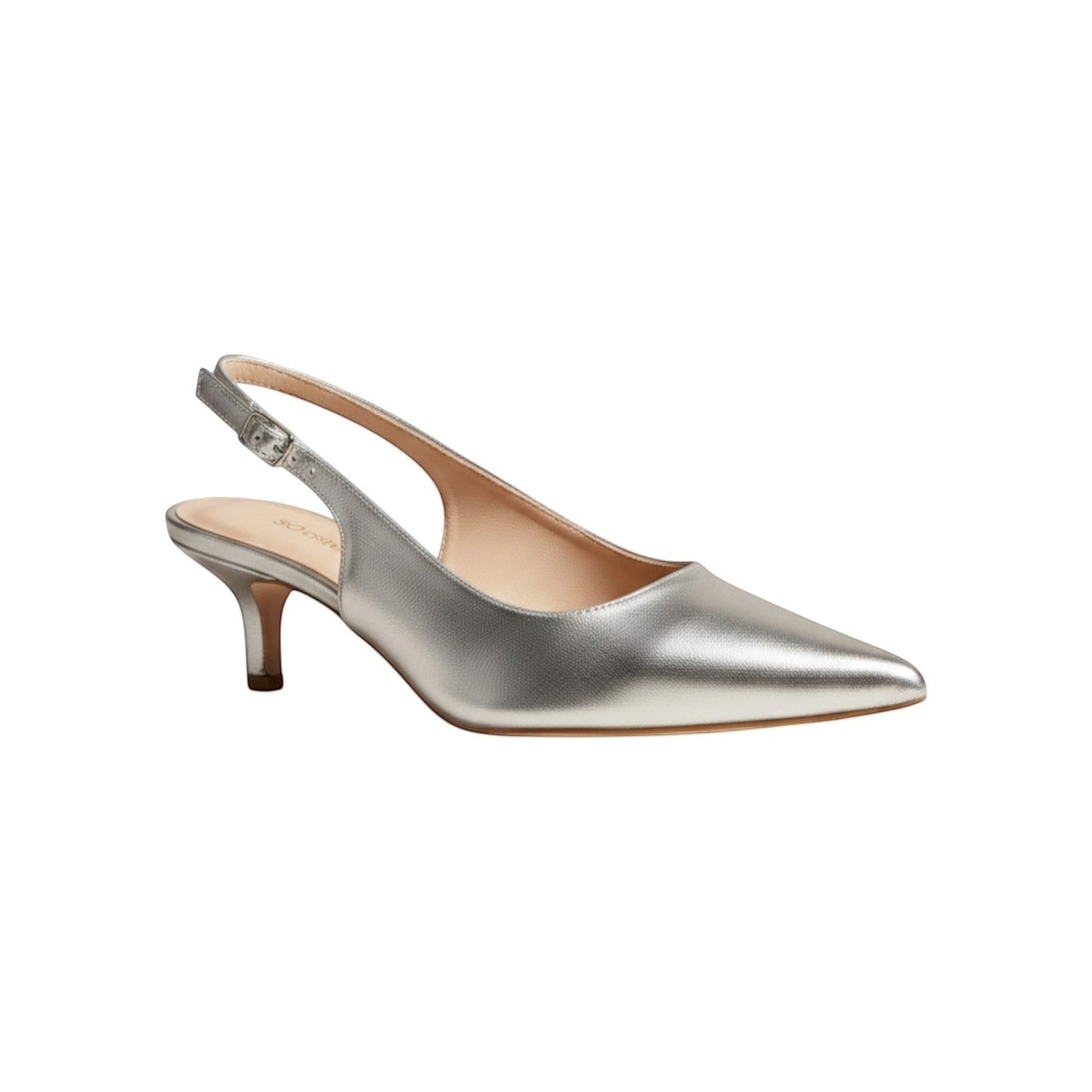 So and Ro silver metallic leather slingback kitten heel pumps with pointed toe and adjustable ankle strap.