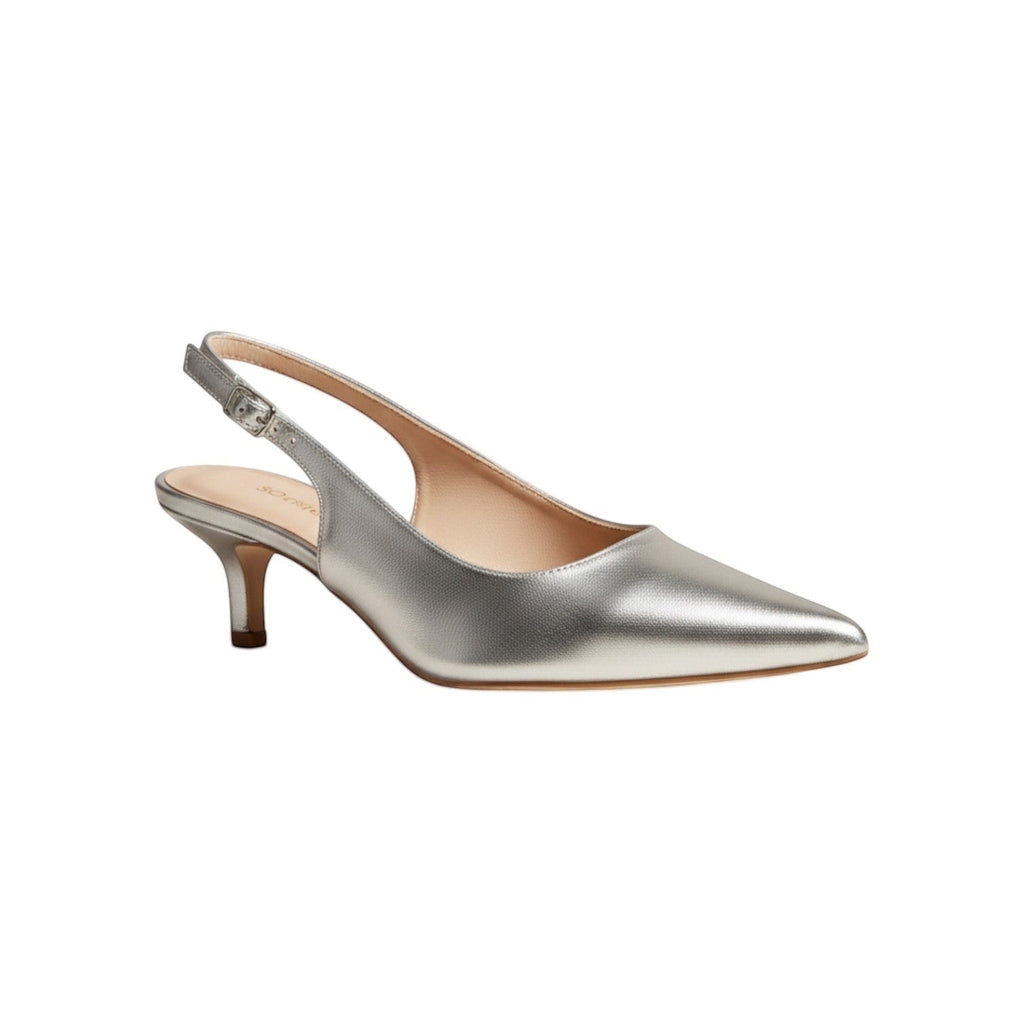 So and Ro silver metallic leather slingback kitten heel pump with pointed toe and adjustable ankle strap.