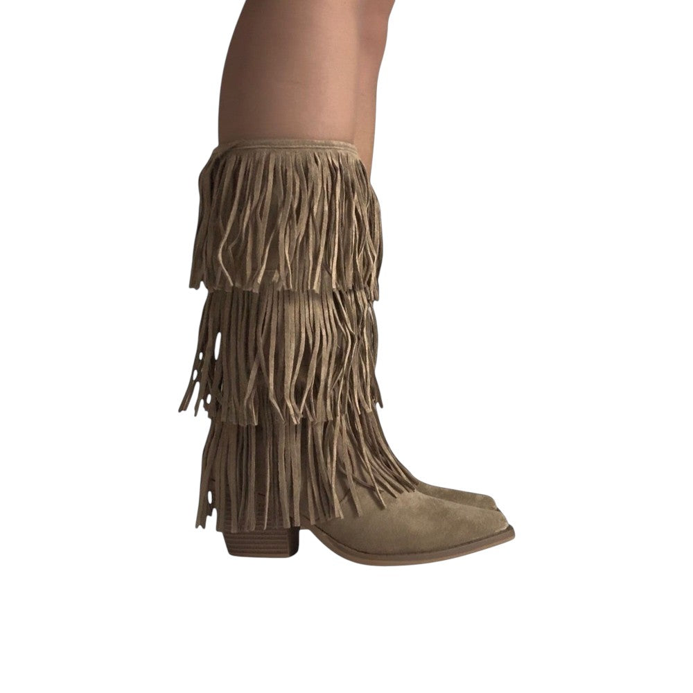 So and Ro tan suede boots with tiered fringe detailing and block heel. Bohemian style.