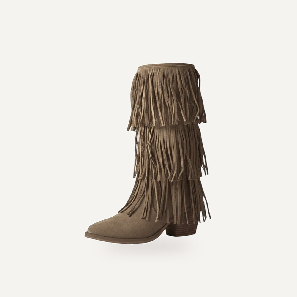 So and Ro tan suede boots with tiered fringe detailing and block heel. Bohemian style.