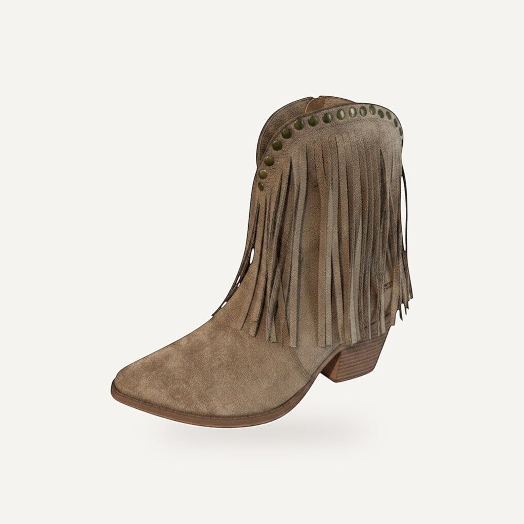 So and Ro tan suede-look ankle boots with fringe detailing and studded trim. Features a pointed toe and block heel.