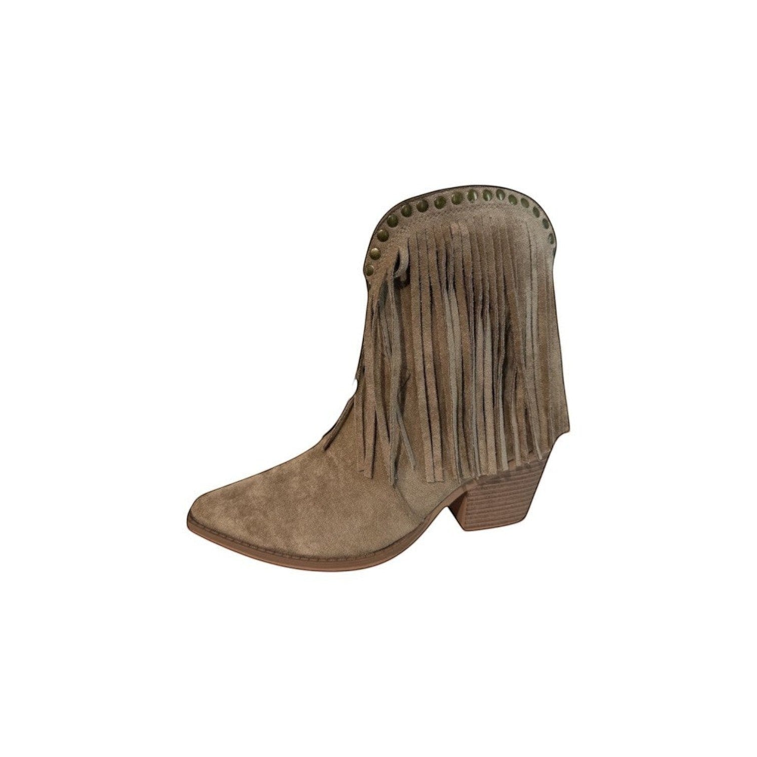 So and Ro tan suede-look ankle boots with pointed toe, block heel, and decorative fringe and stud detailing.