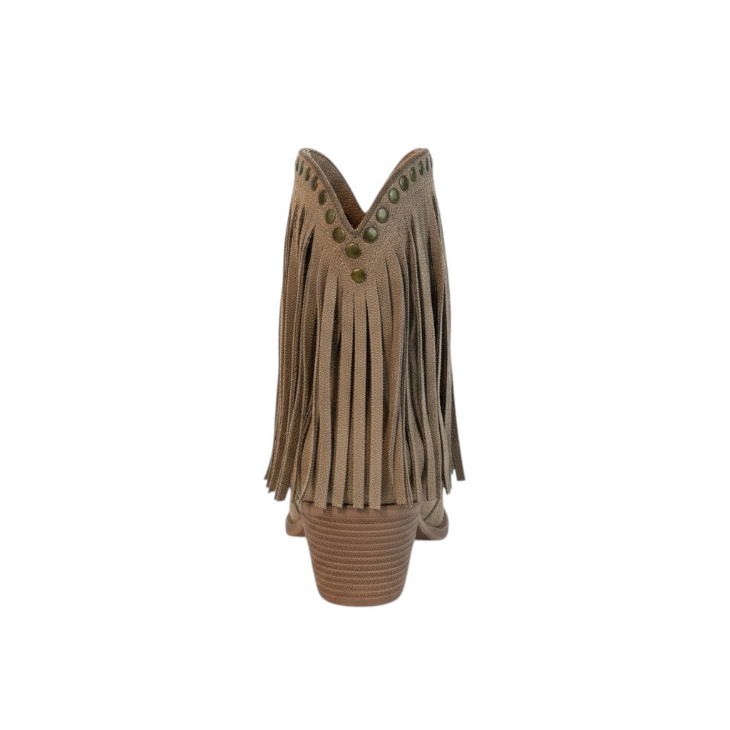 So and Ro tan suede-look ankle boots with fringe detailing and decorative studs. Block heel.