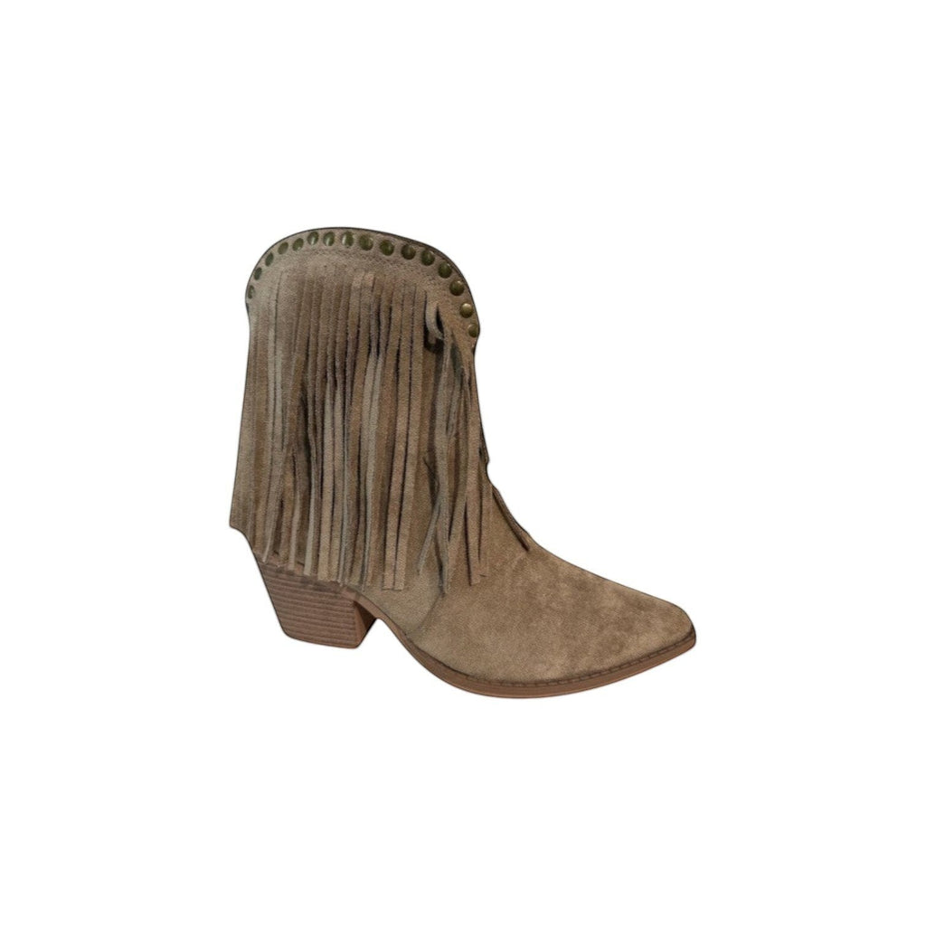 So and Ro tan suede-look ankle boots with pointed toe, block heel, and decorative fringe and stud detailing.