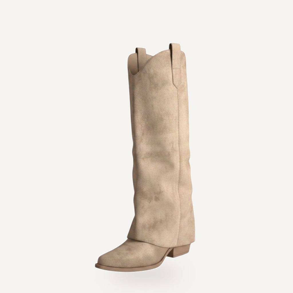 Beige suede western laarzen dames met nonchalante omslag - festival boots