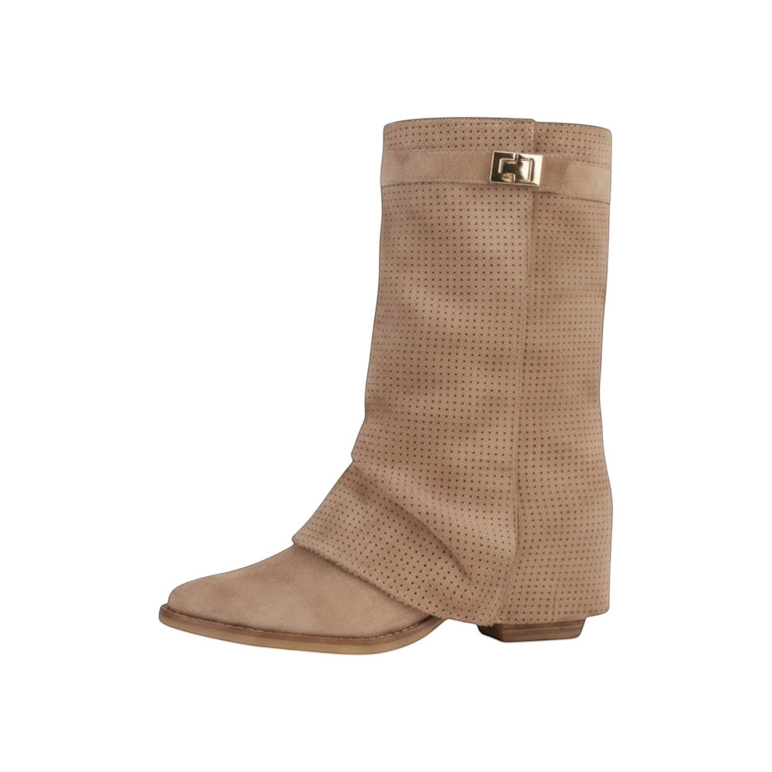 So and Ro taupe perforated suede fold-over ankle boots with gold buckle detail.