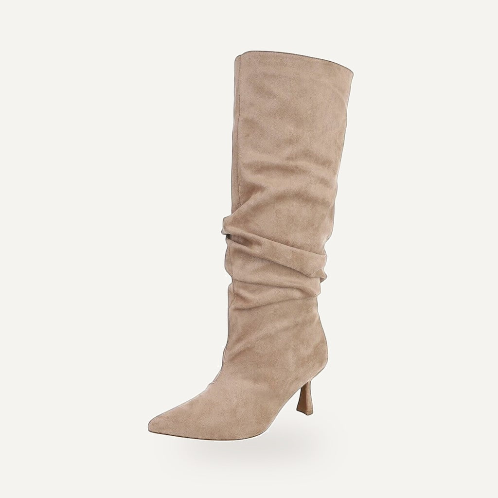 So and Ro taupe suede-like slouchy knee-high boots with pointed toe and flared heel.
