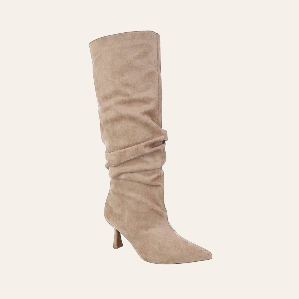 So and Ro taupe suede-like slouchy knee-high boots with pointed toe and flared heel.