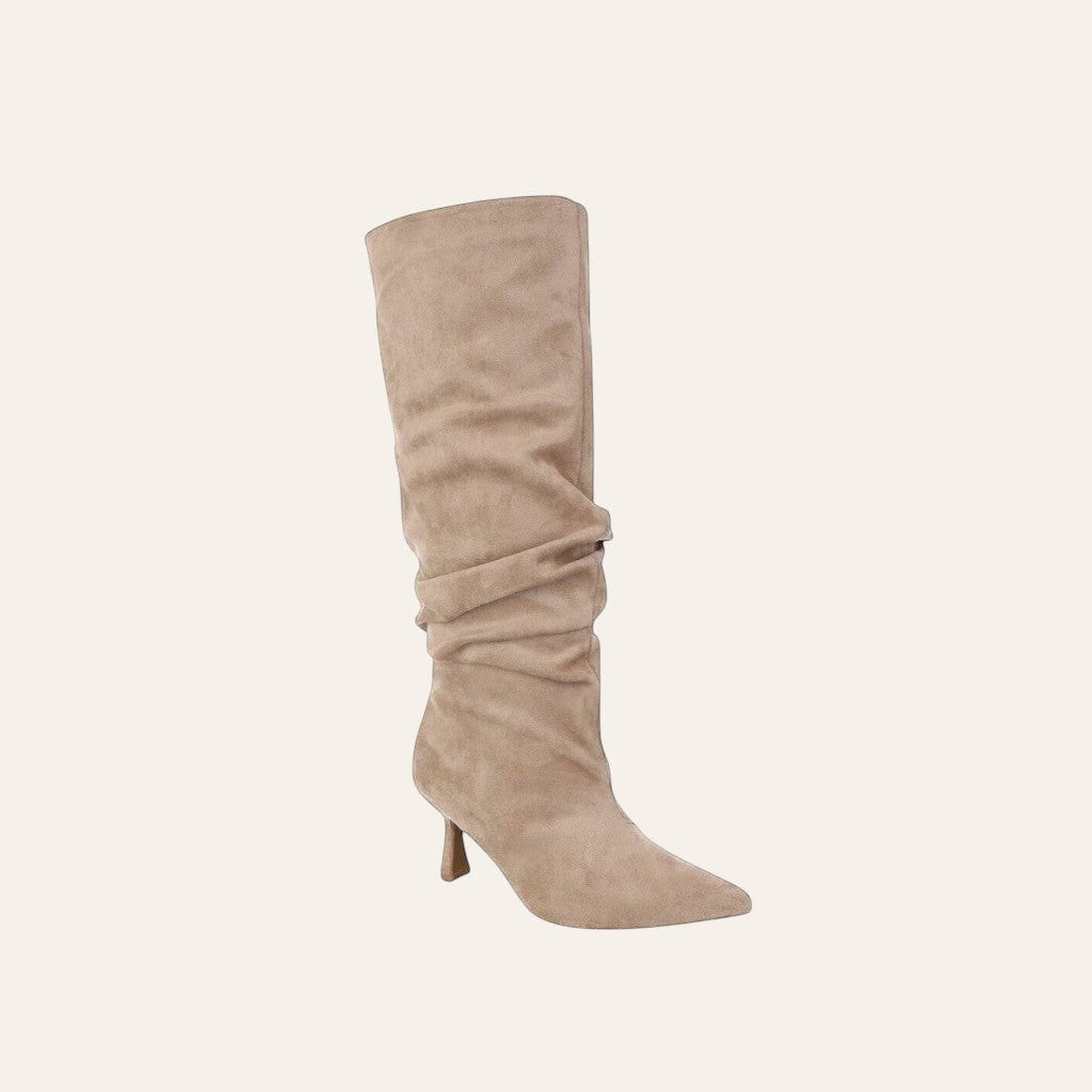 So and Ro taupe suede-like slouchy knee-high boots with pointed toe and flared heel.