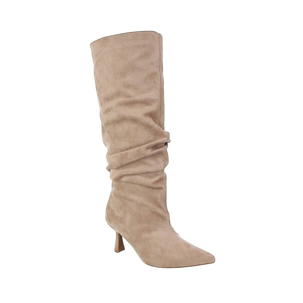 So and Ro taupe suede-like slouchy knee-high boots with pointed toe and flared heel.
