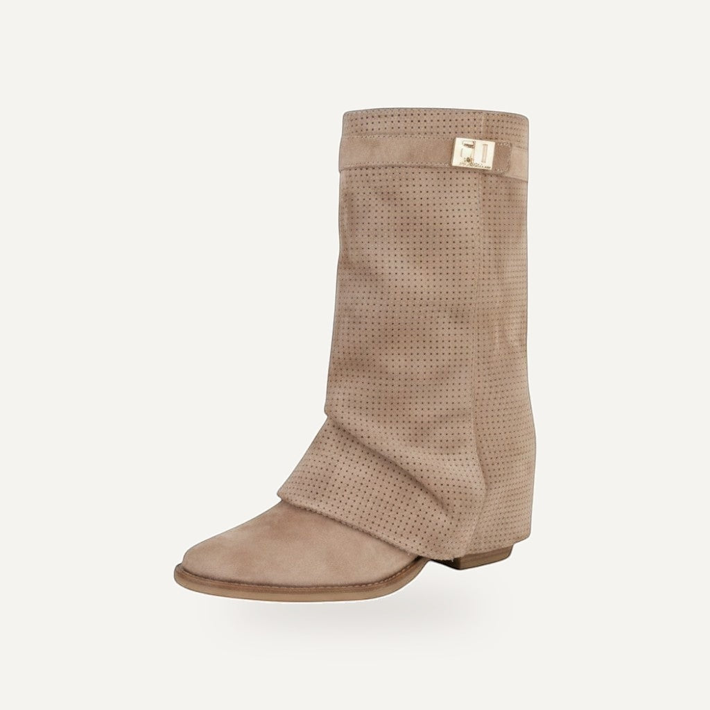 So and Ro taupe perforated suede fold-over boot with gold buckle detail. Perfect for festivals or daily wear.