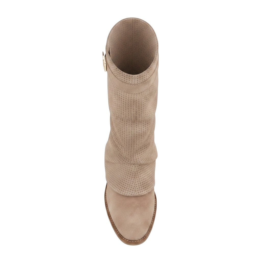 So and Ro taupe perforated suede fold-over ankle boots with a gold buckle detail.