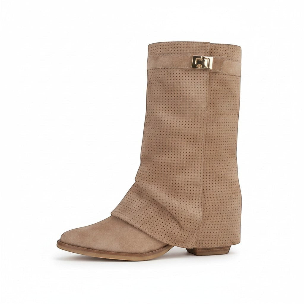 So and Ro taupe perforated suede fold-over ankle boots with gold buckle detail.