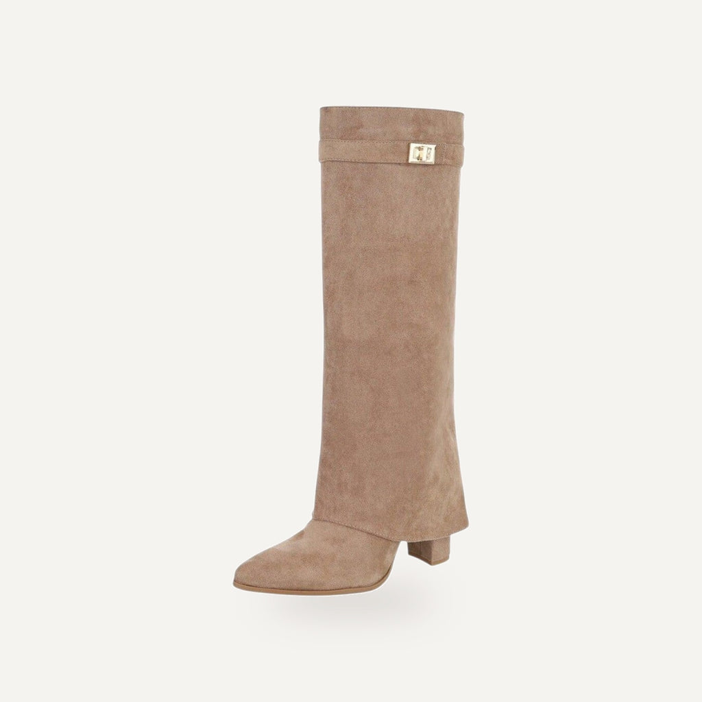 So and Ro taupe suede fold-over knee-high boots with gold buckle detail, pointed toe, block heel, and side zipper.