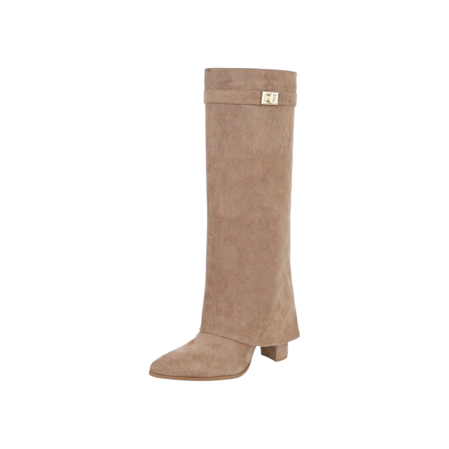 So and Ro taupe suede fold-over knee-high boots with gold buckle detail, pointed toe, block heel, and side zipper.