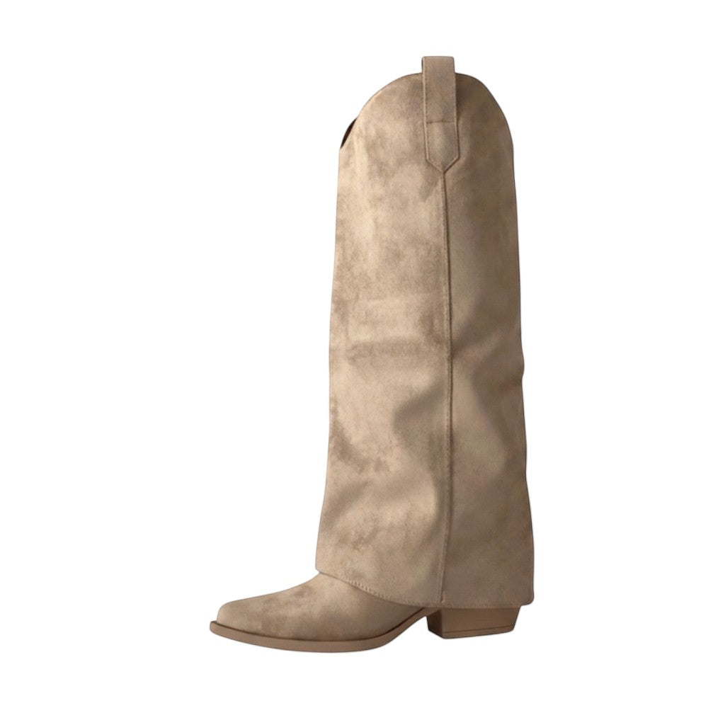 So and Ro taupe suede slouchy western boots with pointed toe and block heel.